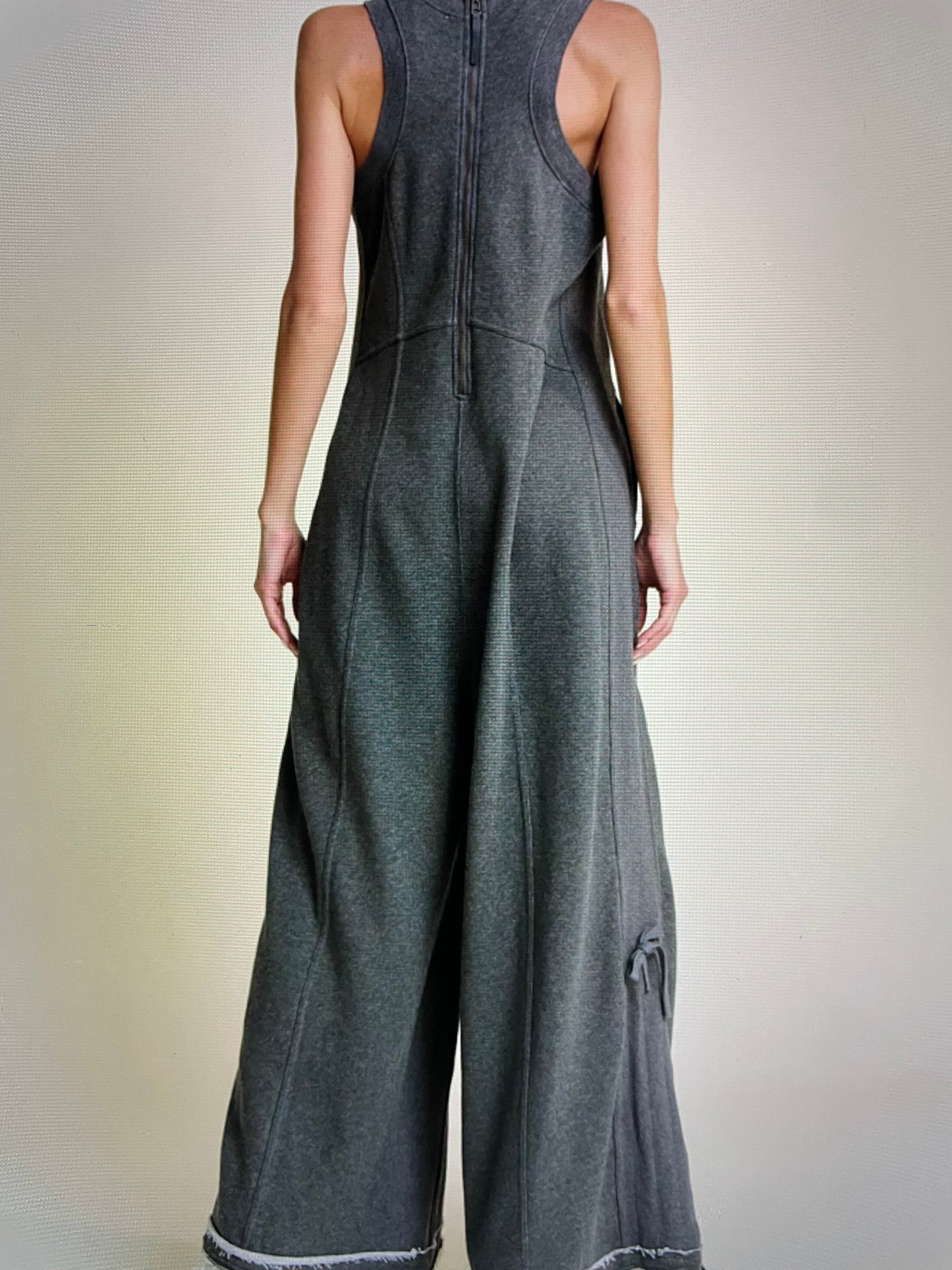 Ribbed Contrast Ruched Side Seam French Jumpsuit (Gray)