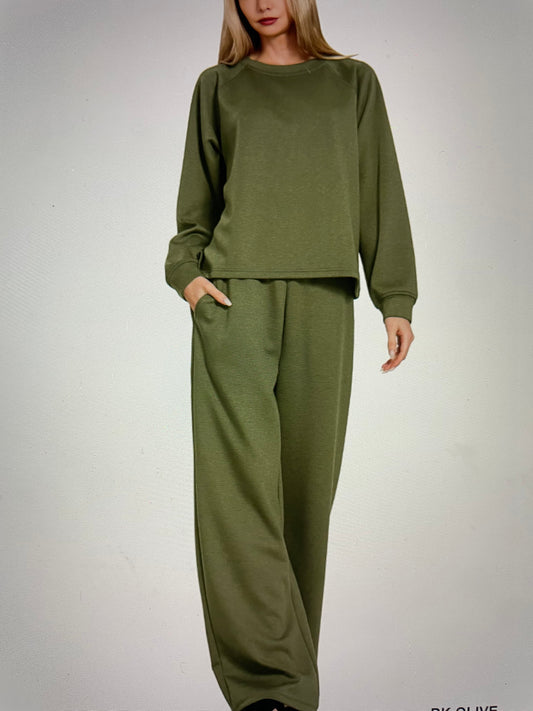 Scuba Crewneck Pullover & Pants 2 Piece Set (OLIVE)