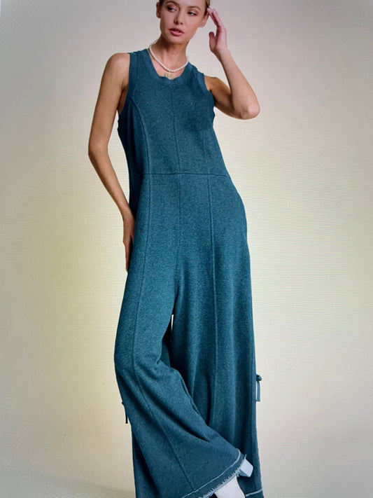 Ribbed Contrast Ruched Side Seam French Jumpsuit