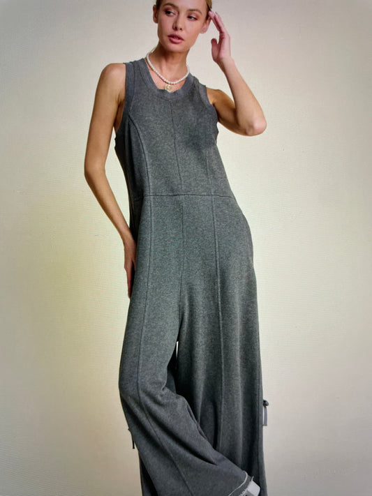 Ribbed Contrast Ruched Side Seam French Jumpsuit  (Gray)