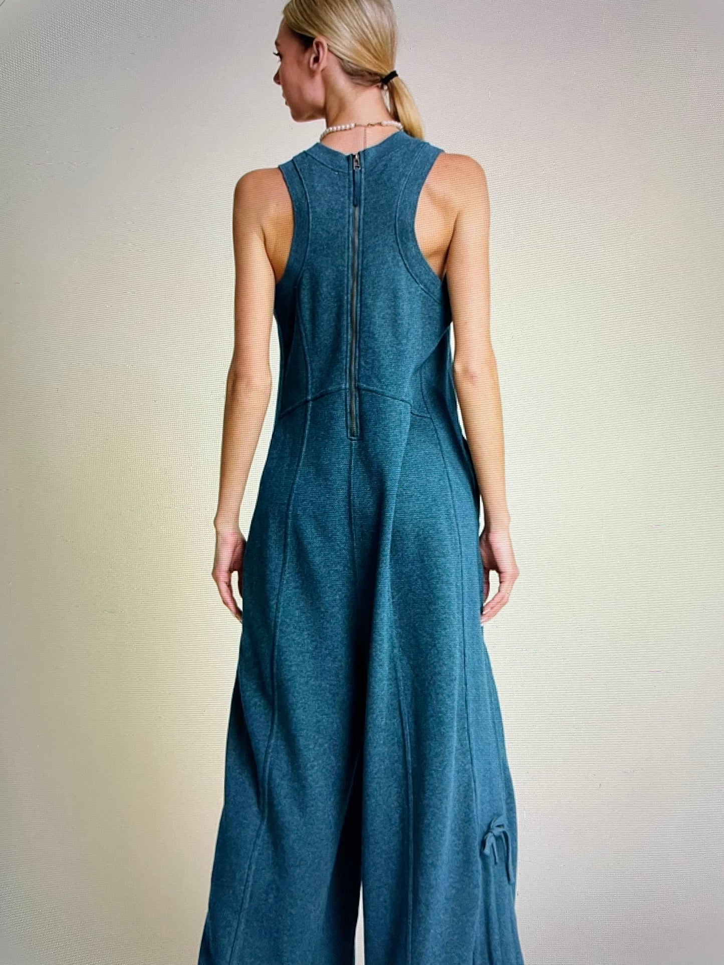 Ribbed Contrast Ruched Side Seam French Jumpsuit