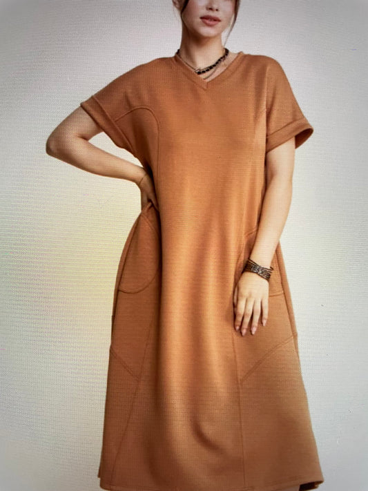 Soft Knit V Neck Short Sleeve Dress Color  (MOCHA- BROWN)