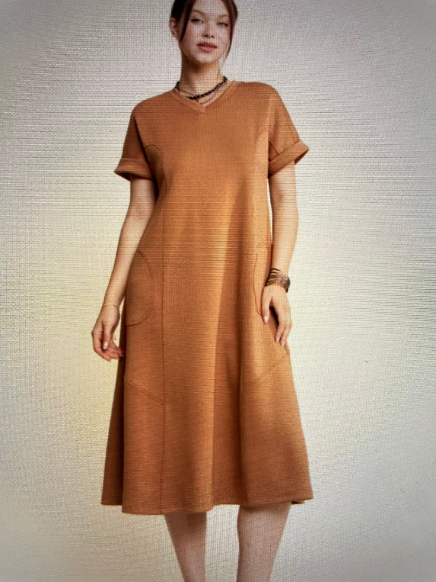 Soft Knit V Neck Short Sleeve Dress Color  (MOCHA- BROWN)