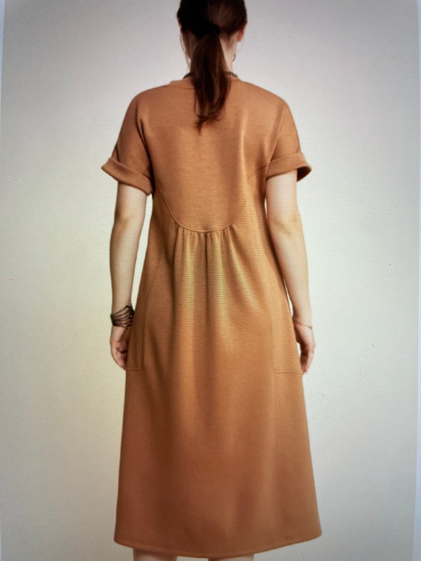 Soft Knit V Neck Short Sleeve Dress Color  (MOCHA- BROWN)